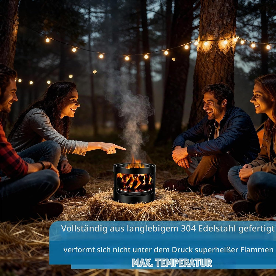 Edelstahl Feuerstelle mit Glaswindschutz, Feuerschale - Feuerkorb Indoor &amp; Outdoor, Anwendbar Holz &amp;