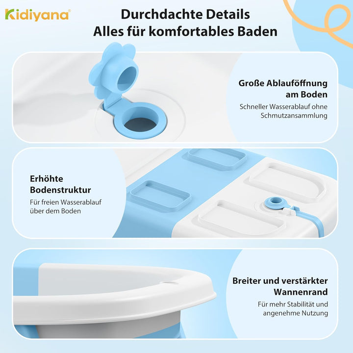 Baby Badewanne faltbar mit Gestell, stabil und rutschfest, platzsparend klappbar, mit Ablauf, PP & T