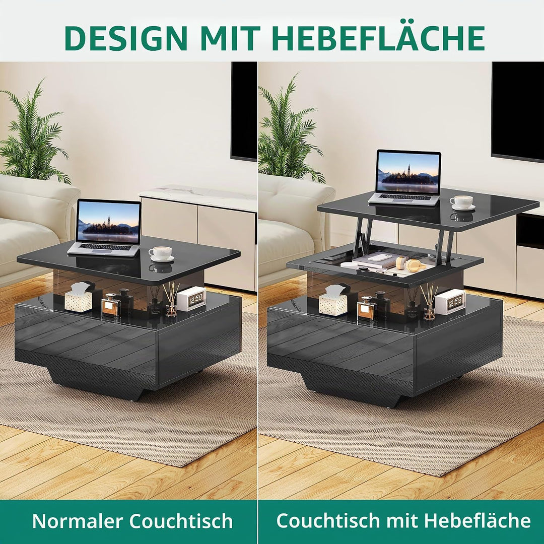 YITAHOME Couchtisch Höhenverstellbar mit LED Beleuchtung Modern, 60x60x45cm, Wohnzimmertisch Hochgla