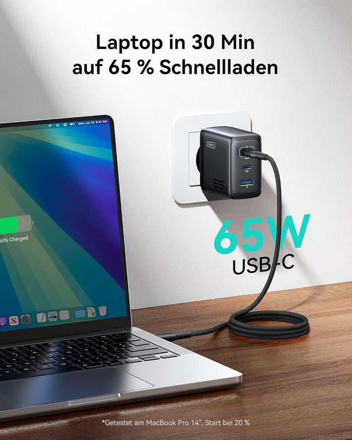 INIU 65W USB C Ladegerät, [USB-C * 2 + USB-A] Netzteil Mehrfach mit USB-C Kabel, PD 3.0 Schnellladeg