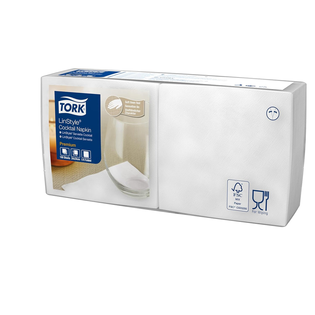 Tork LinStyle Cocktailservietten Weiss, 1/4‑Falz, strapazierfähig, 23,8 x 23,8 cm, 1 x 100 Serviette