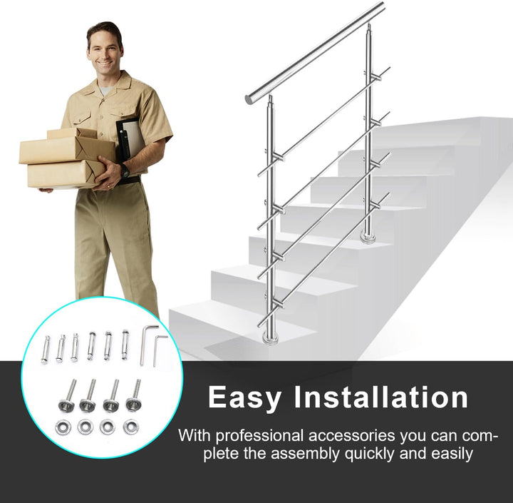 Sonnewelt Edelstahl-Handlauf Geländer für Treppen Brüstung Balkon Ø 42mm,mit 3 Querstreben (120cm, 3