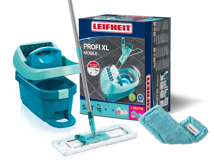 Leifheit Set Wischtuchpresse Profi XL mit Bodenwischer 146cm und Rollen, 1x Mikrofaser Bezug für all