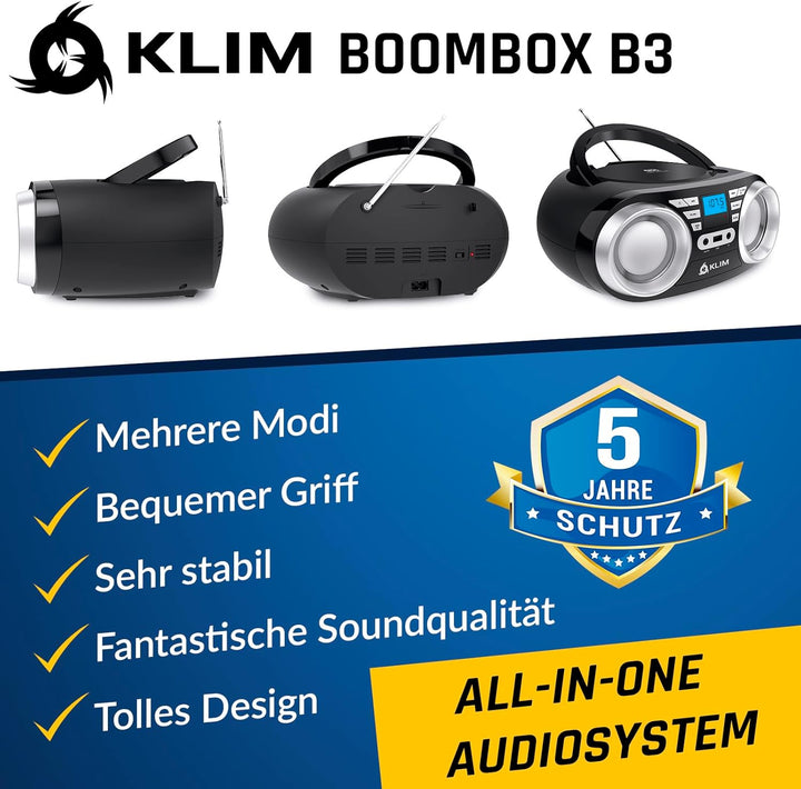 KLIM B3 Tragbarer CD Player Bluetooth Boombox mit FM-Radio, Bluetooth, USB und AUX - Hochwertige Dua