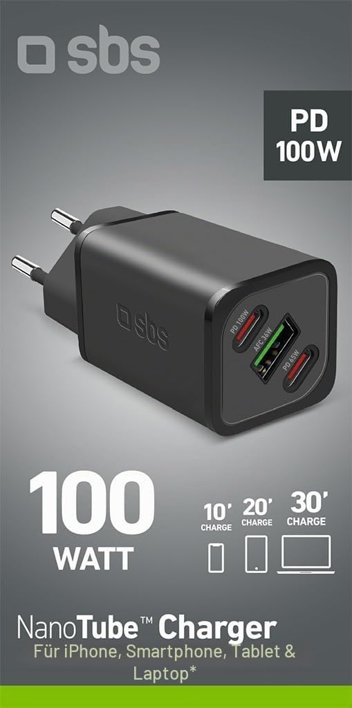 SBS Mehrport-Ladegerät 100W, 2 USB-C-Anschlüsse, 1 USB-A-Anschluss, GaN, Power Delivery, kompakt, id