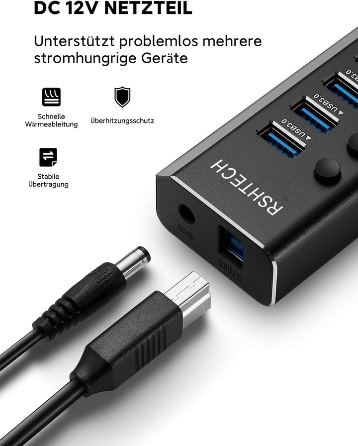 RSHTECH 16 Port USB Hub Aktiv 3.0 mit 100W Netzteil, Aluminium Multiport USB 3.0 Hub mit 12V/8.3A Ne