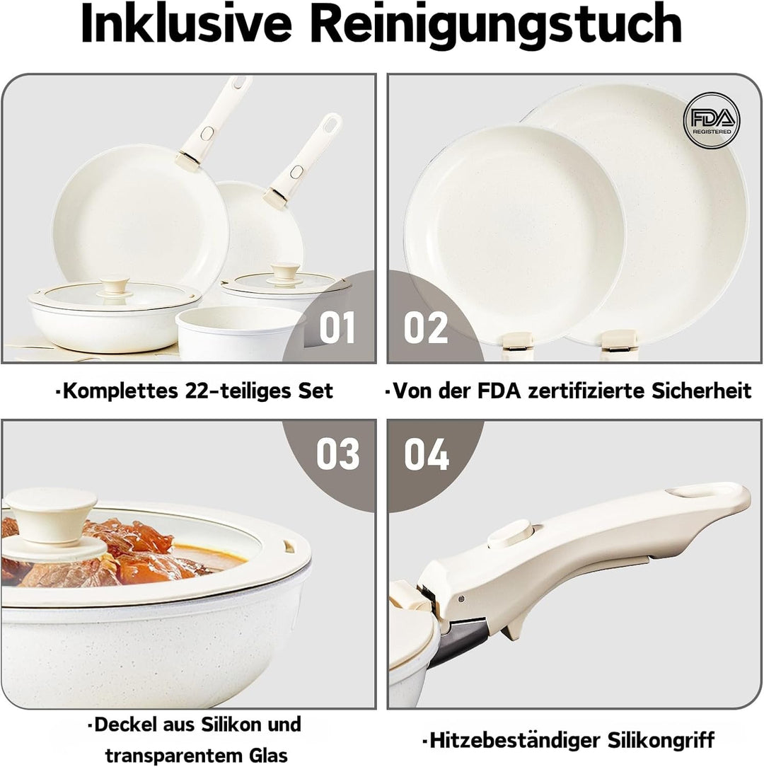 LEADZM Keramik Topfset Induktion，Pfannenset，Kochtopf Set mit Deckel，Induktions Töpfe Set，22-Teilig，A