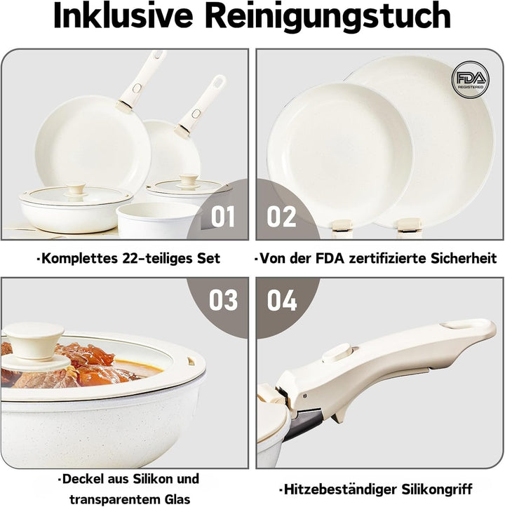 LEADZM Keramik Topfset Induktion，Pfannenset，Kochtopf Set mit Deckel，Induktions Töpfe Set，22-Teilig，A