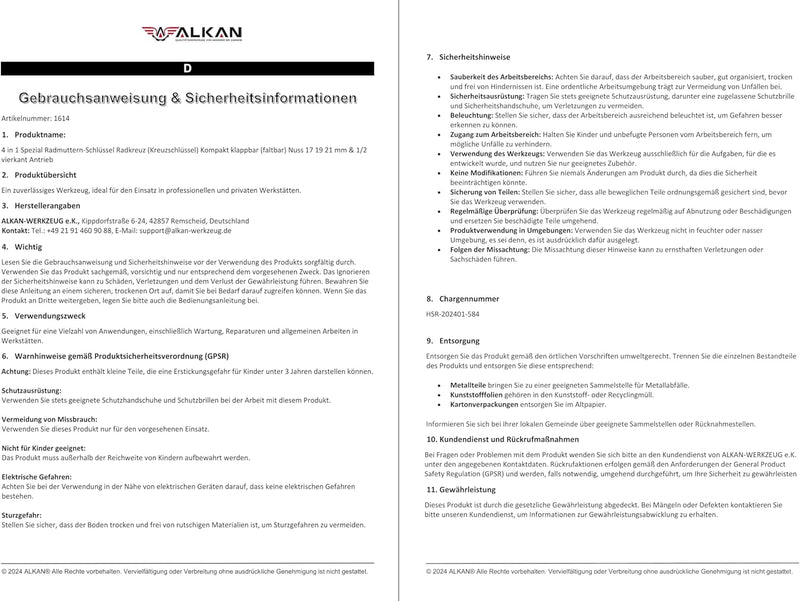 4 in 1 Spezial Radmuttern-Schlüssel Radkreuz (Kreuzschlüssel) Kompakt klappbar (faltbar) Nuss 17 19