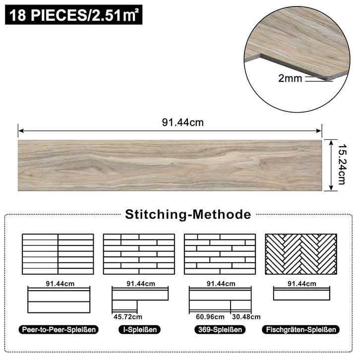 Aufun PVC Bodenbelag Vinylboden Selbstklebend 18 Stück 2.51m², Holzmaserung Bodenfliesen mit Holz-Op