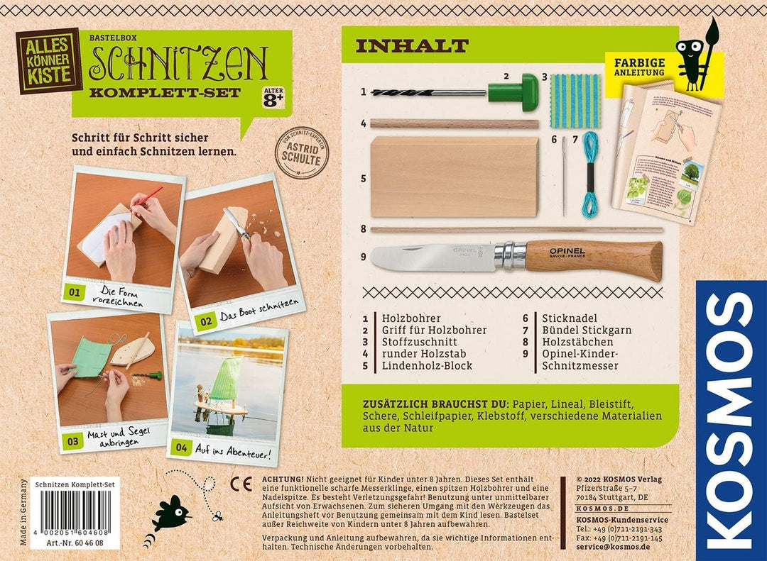 Kosmos 604608 AllesKönnerKiste Schnitzen Komplett-Set, mit Kinder-Schnitzmesser, Lindenholz-Block, B