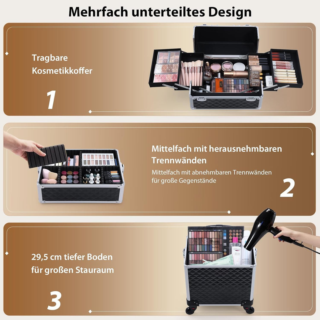 Make up Koffer Kosmetikkoffer Trolley Kosmetik Trolley 3-in-1 Schminkkoffer mit Rollen Friseurkoffer
