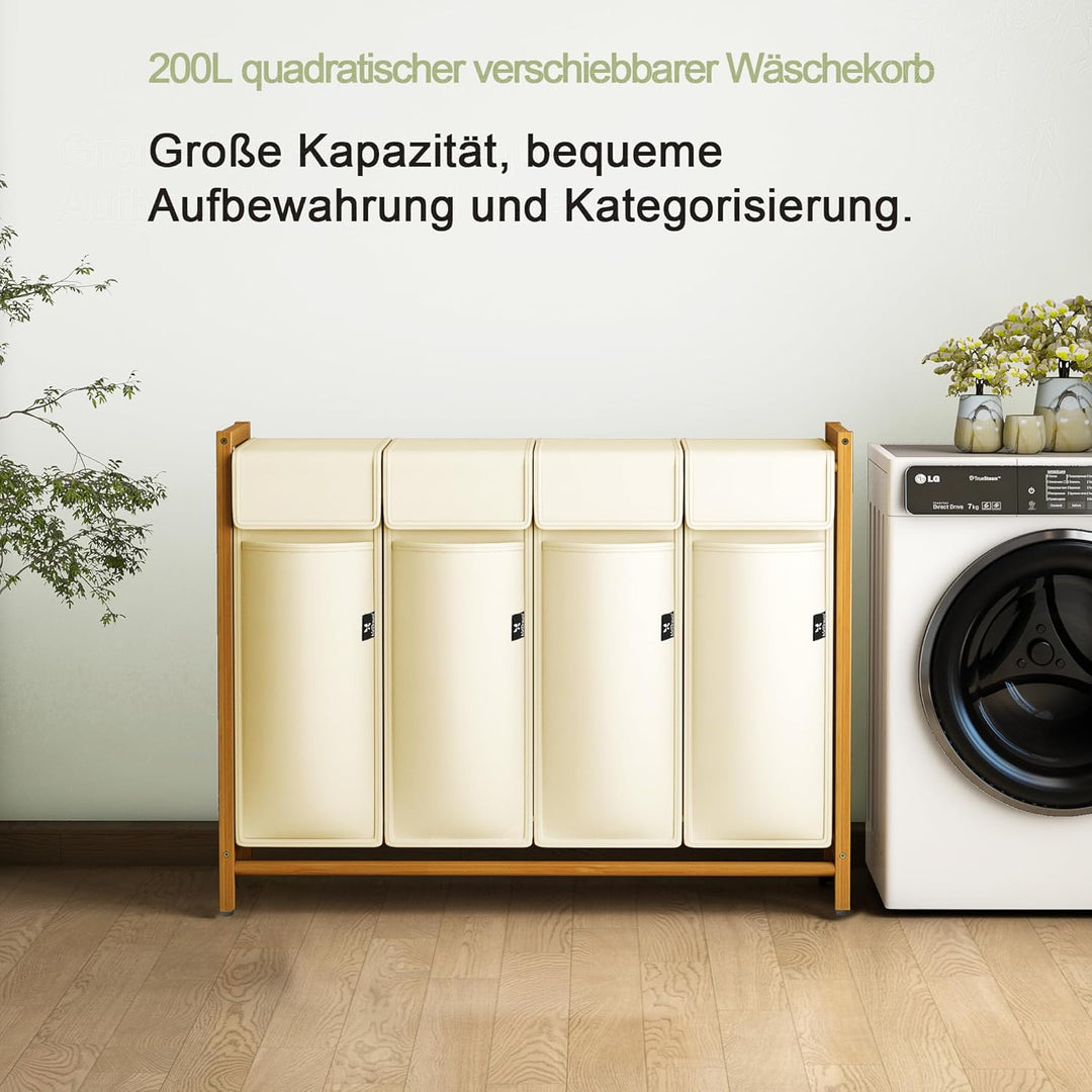 AdelDream Wäschekorb 200L – Bambus Wäschesortierer mit 4 Fächern, abnehmbarer & atmungsaktiver Wäsch
