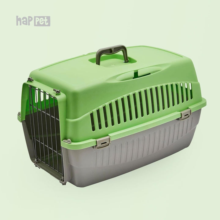 HAPPET Tiertransportbox Doggy M Grün-Grau 54x38x33 cm – Robuste, gut belüftete Transportbox aus Kuns