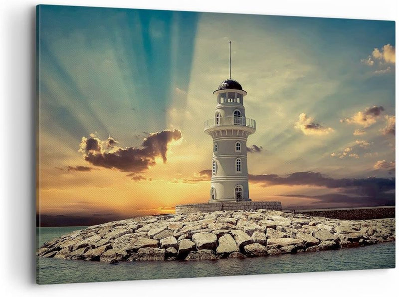 Bilder auf Leinwand 100x70cm Leinwandbild Leuchtturm Wasser Meer Steine Gross Wanddeko Bild Schlafzi