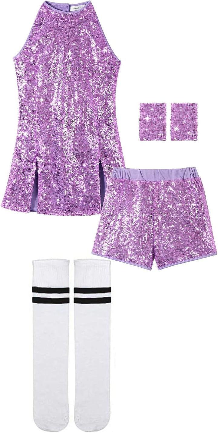 LOLANTA Mädchen Pailletten-Kostüm Hip Hop Dancewear Funkelndes Tanzkleid Gesetzt 4-5 Jahre Hellviole