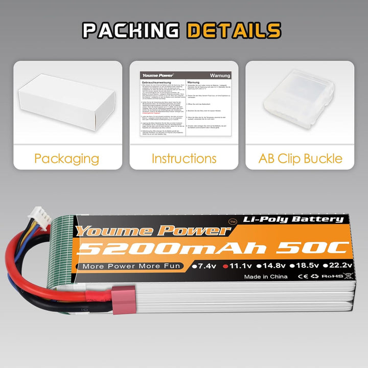 2 Packungen 11,1 V Lipo Batterie 5200 mAh, 3 S Lipo Batterie 50C mit Deans T Stecker für RC Auto/LKW
