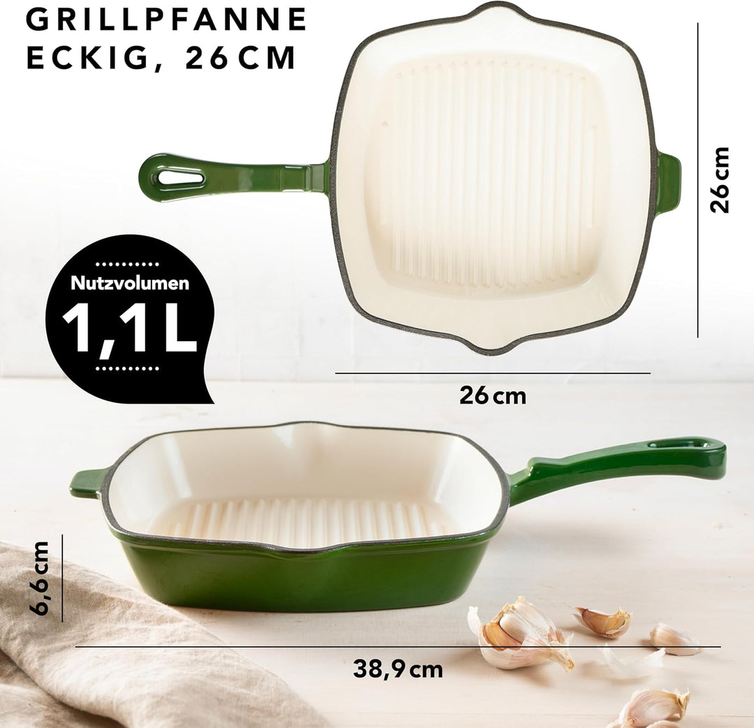 Römertopf Gusseisen Grillpfanne eckig 24 cm – Steakpfanne Emaille-Beschichtung, alle Herdarten inkl.