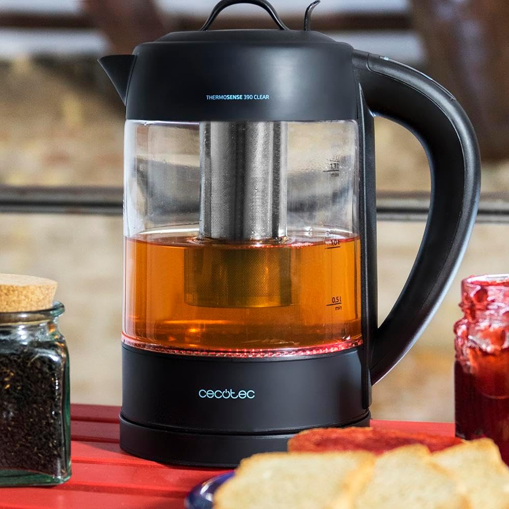 Cecotec Elektrischer Wasserkocher ThermoSense - 1,7 Liter, Borosilikatglas, Frei von BPA, Basis 360