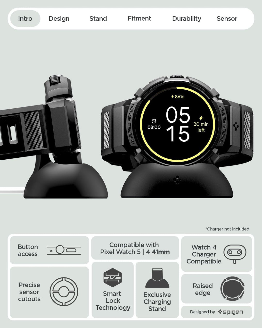 Spigen Rugged Armor Pro Hülle mit Armband Kompatibel mit Google Pixel Watch 4 41mm (2025) mit Ladest