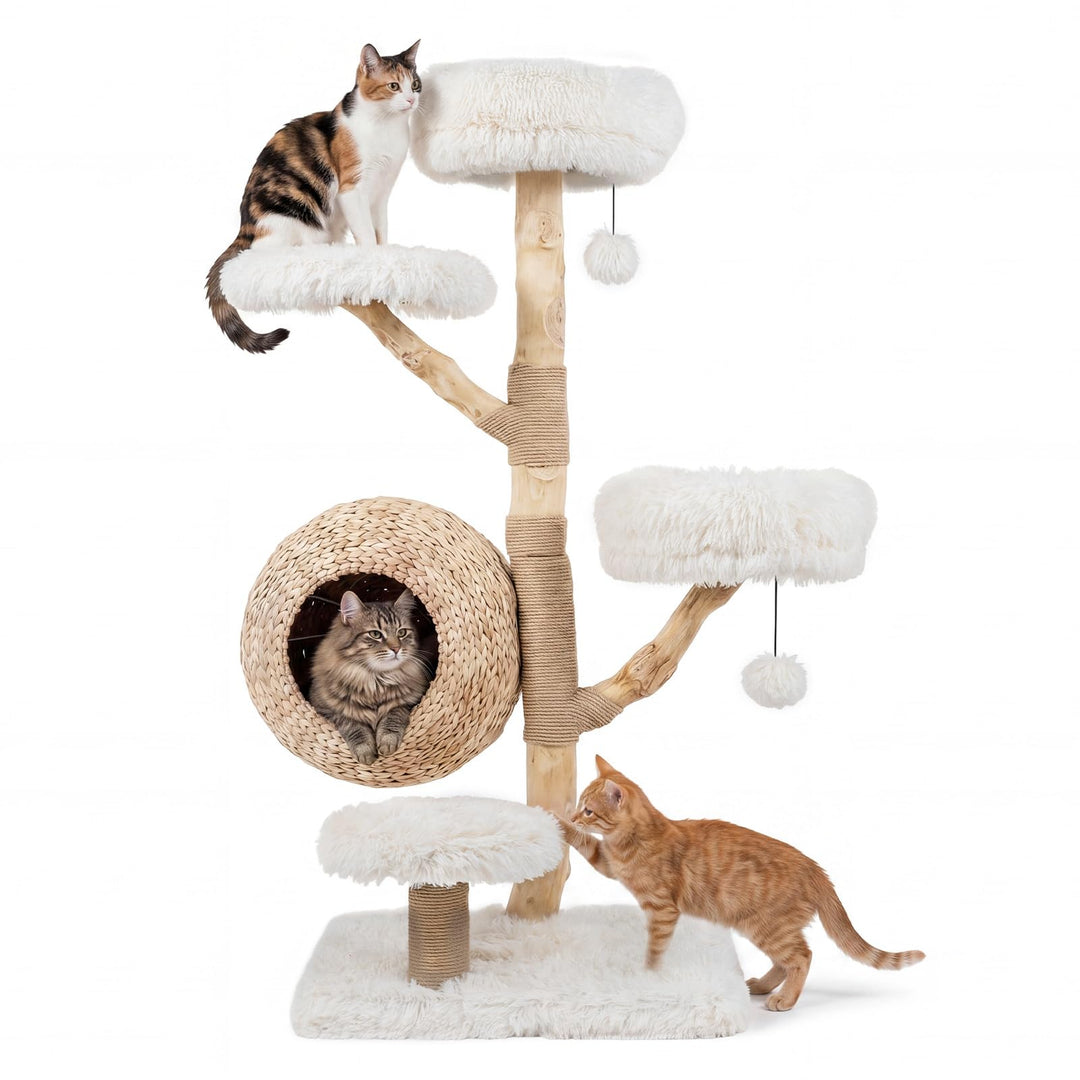 COSTWAY Kratzbaum Holz, 134 cm hoch, Katzenbaum mit Katzenkorb (Weiss) | Katzenturm mit 4 Plüschsitz