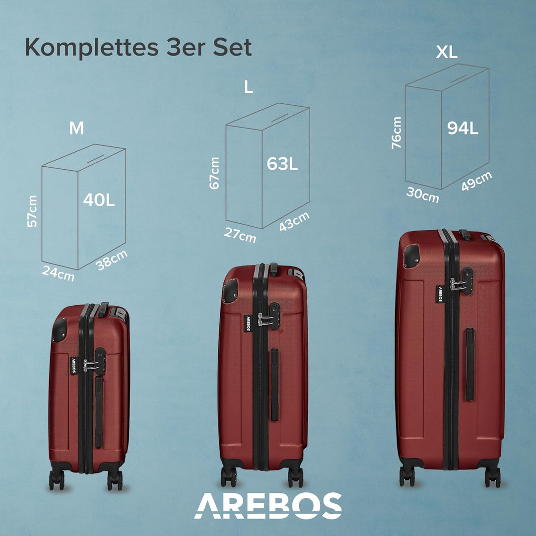 Arebos Reisekoffer 3er Set I ABS-Hartschale I Trolley Kofferset I Teleskopgriff I Inkl. Reissverschl