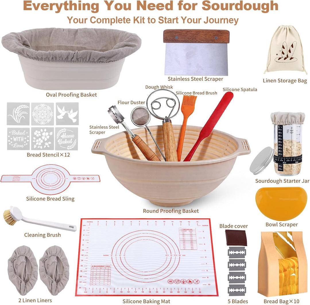 Sauerteig Starter Set mit 2 Gärkörbchen, 730ML Sauerteig Glas, Brotbackzubehör kit, Brot Backen Zube