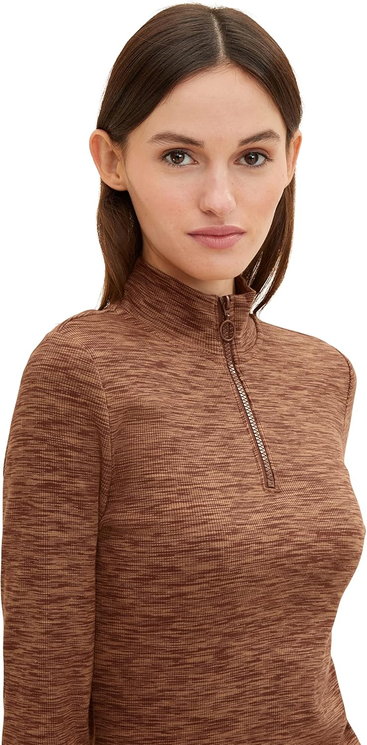TOM TAILOR Denim Damen Langarmshirt mit Reissverschluss M 30850 - Space Dye Melange, M 30850 - Space