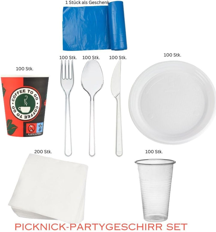 Partygeschirr Picknick Set 801 Teilig mit 200ml Pappbecher, Plastikbecher Transparent, Ungeteilt Tel
