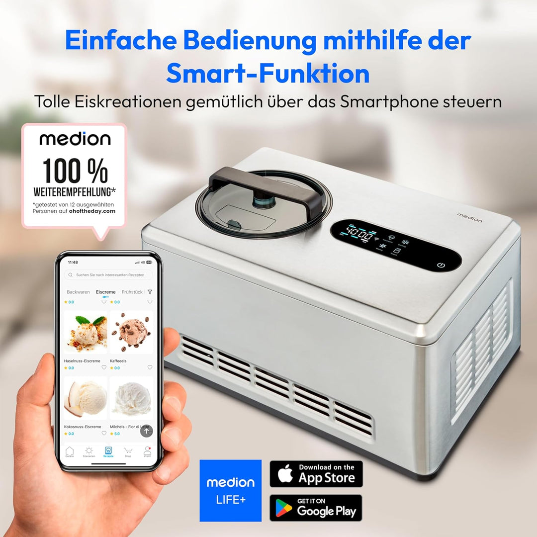 MEDION smarte Eismaschine mit Kompressor (selbstkühlend, App Steuerung inkl. Eis-Rezepte, LED Displa