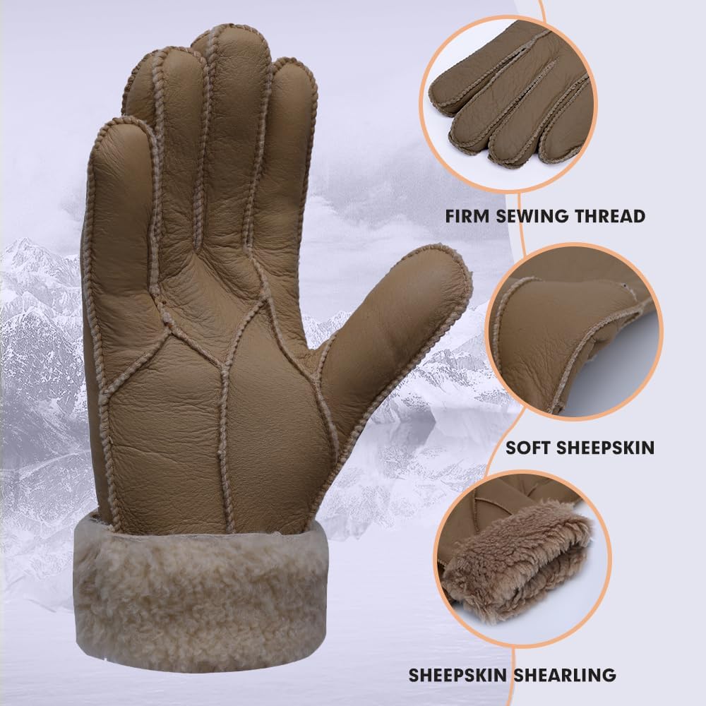 MGGMOKAY Damen Lederhandschuhe Schaffell Handschuhe aus Shearling Warme Winterhandschuhe XXL Hellbra