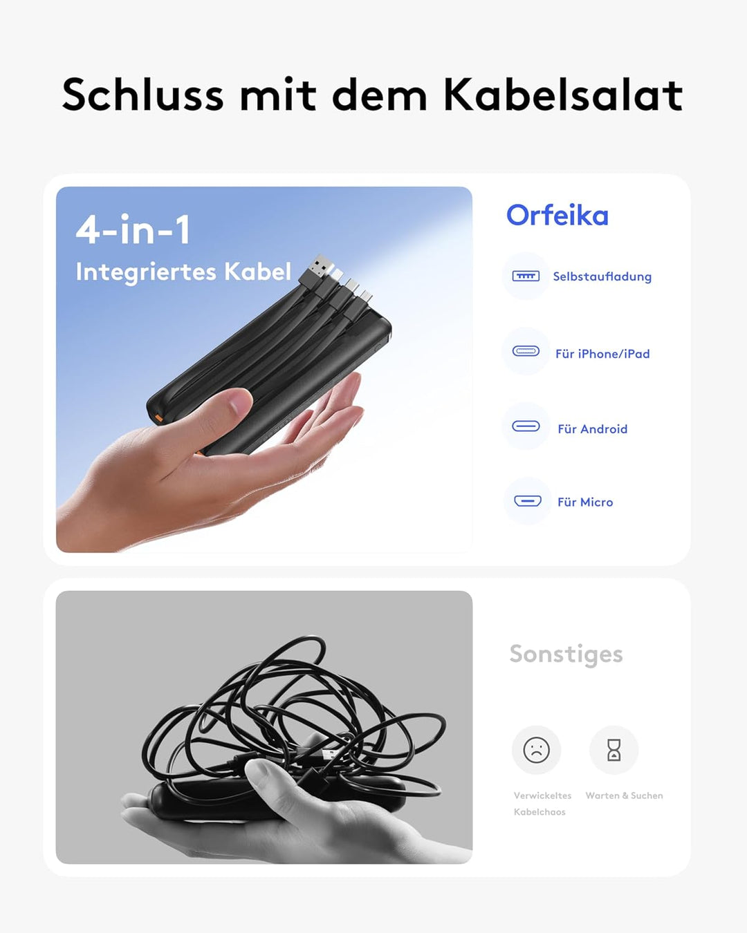 Orfeika 10000mAh Power Bank, 22,5W Powerbank Schnellladung mit 4 Integrierte Kabel,Tragbares Ladeger