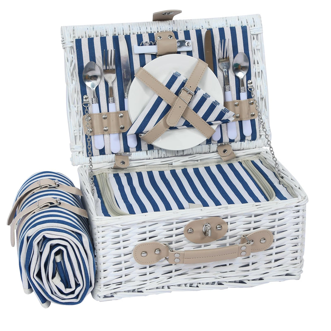 Picknickkorb Set für 2 Person mit Kühlfach und wasserdichte Picknickdecke, Abnehmbarer Riemen, Weinb