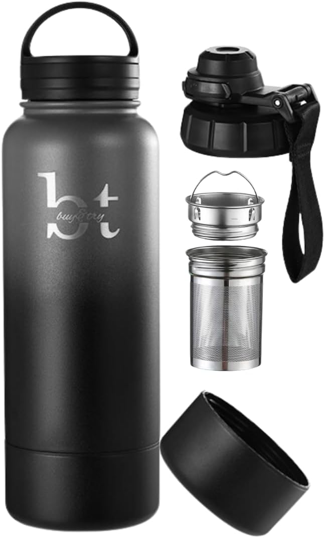 Trinkflasche mit Früchtebehälter, Thermosflasche 1 Liter (950ml) Isolierflasche aus Edelstahl, Therm