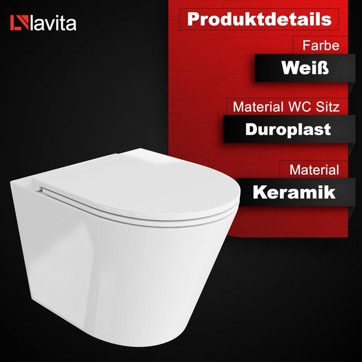 LAVITA Wand-WC Galve Hänge Toilette WC Sitz Toilettendeckel mit Absenkautomatik & Metallscharniere T