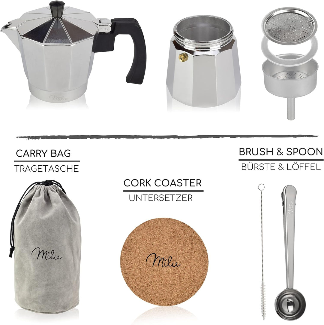 Milu Espressokocher (No Induktion) | 2, 3, 6, 9 Tassen | Aluminium Mokkakanne, Espressokanne, Espres