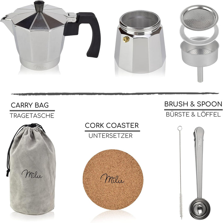Milu Espressokocher (No Induktion) | 2, 3, 6, 9 Tassen| Aluminium Mokkakanne, Espressokanne, Espress