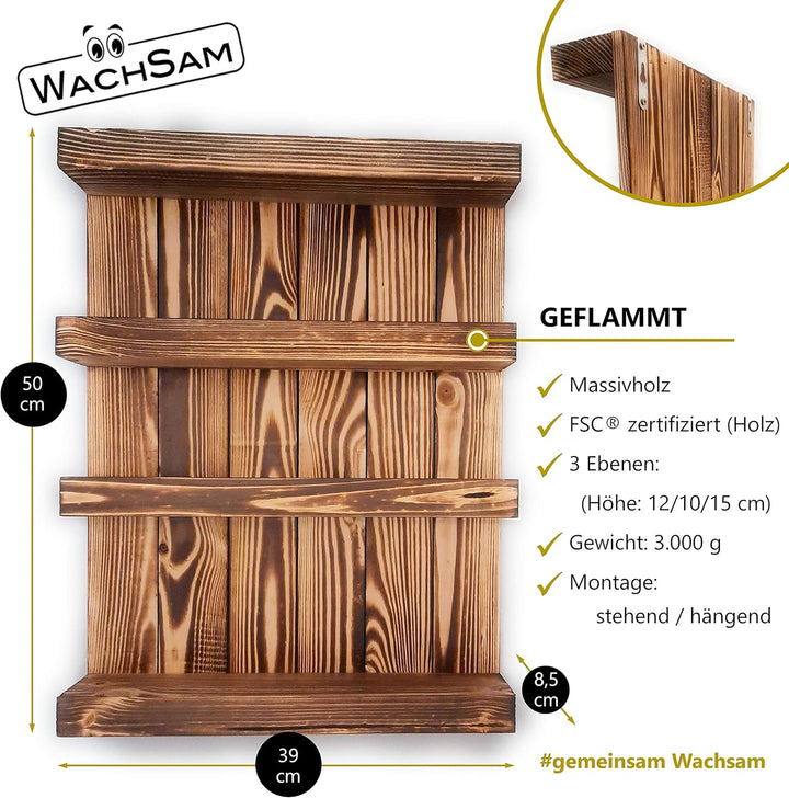 WachSam Gewürzregal geflammt im „Used-Look“ | im Set mit 12 Gewürzdosen Schwarz 175 ml und 3-Fach St