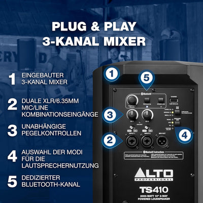 Alto Professional TS410– 2000W 10" Aktiver PA-Lautsprecher mit 3- Kanal Mixer, Bluetooth-Streaming,