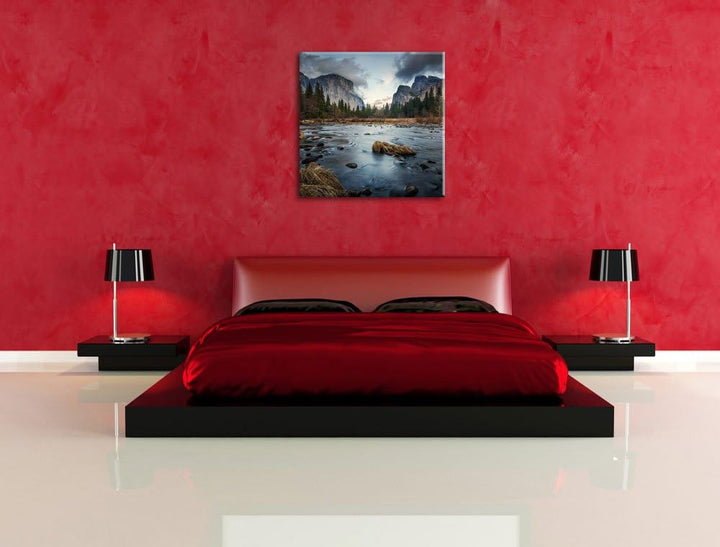 Seichter Fluss im Herbst, Format: 70x70 auf Leinwand, XXL riesige Bilder fertig gerahmt mit Keilrahm