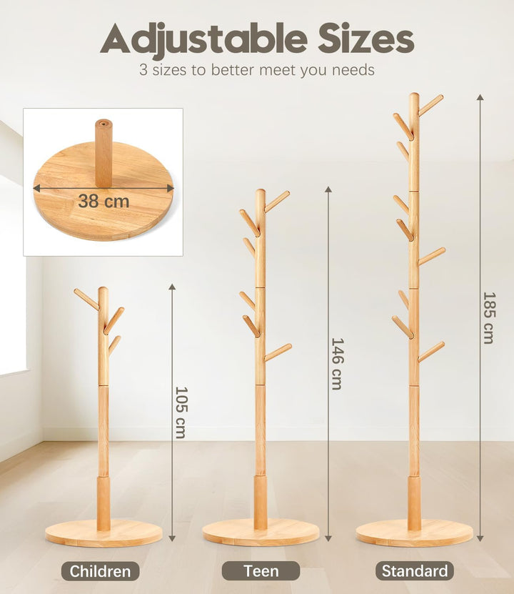 Garderobenständer, Kleiderständer aus Buchenholz Massivholz in Baumform für Kleidung, 9 Haken, 185 x