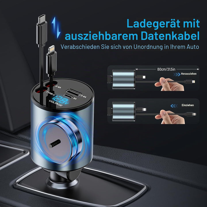 Auto Ladegerät Zigarettenanzünder USB C 4 in 1 56W - KFZ Ladegerät mit 2 einziehbaren Kabeln(Type C,