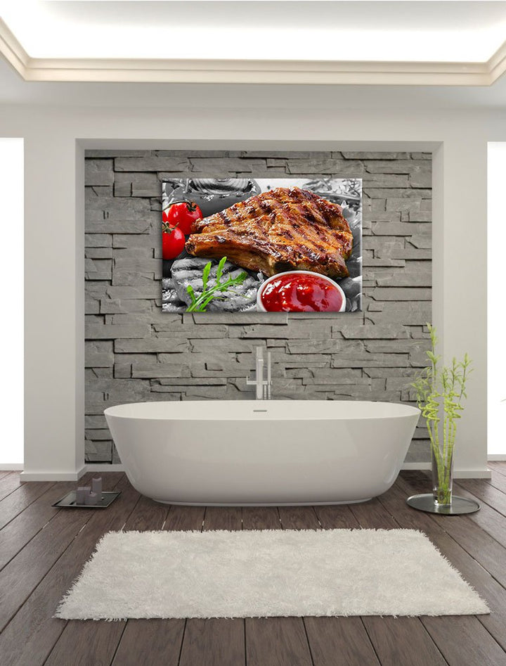 Saftiges Steak mit Grillkäse schwarz/weiss Format: 100x70 cm auf Leinwand, XXL riesige Bilder fertig