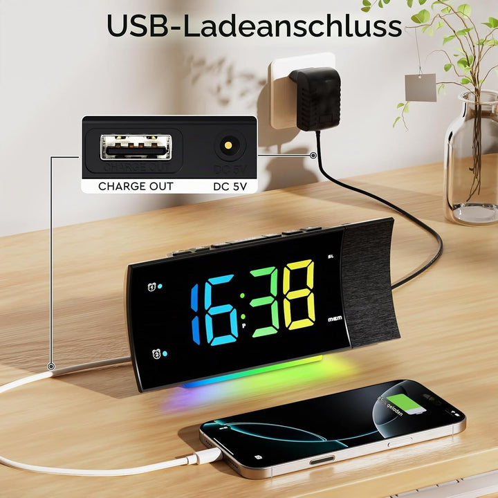Radiowecker mit Projektion, Projektionswecker Digitaler Wecker, 180°Projektor, Grosser LED-Anzeige,