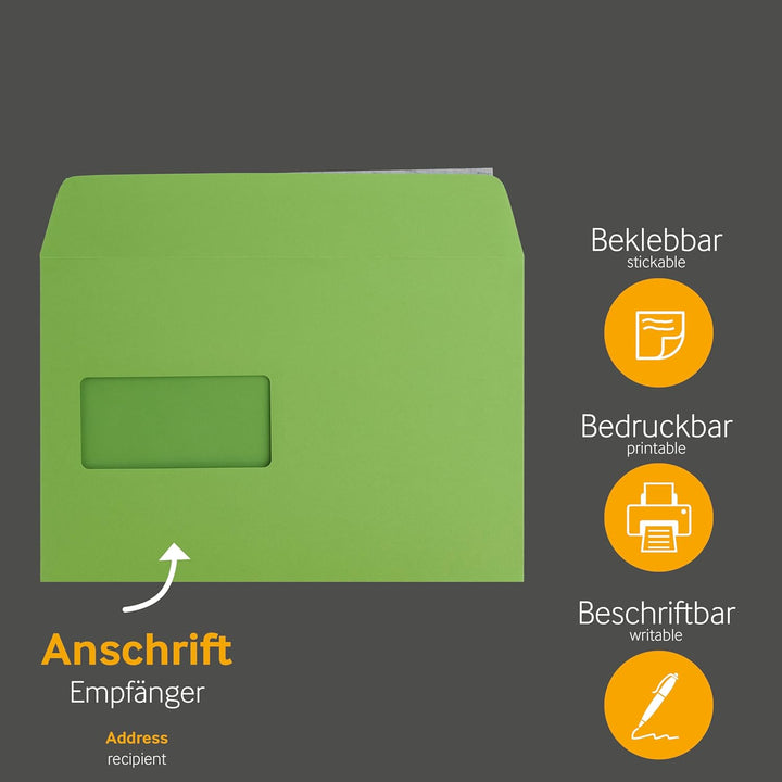 100 Stück, Farbige Briefumschläge, DIN C5, Haftklebung mit Abziehstreifen, Gerade Klappe, 130 g/qm C