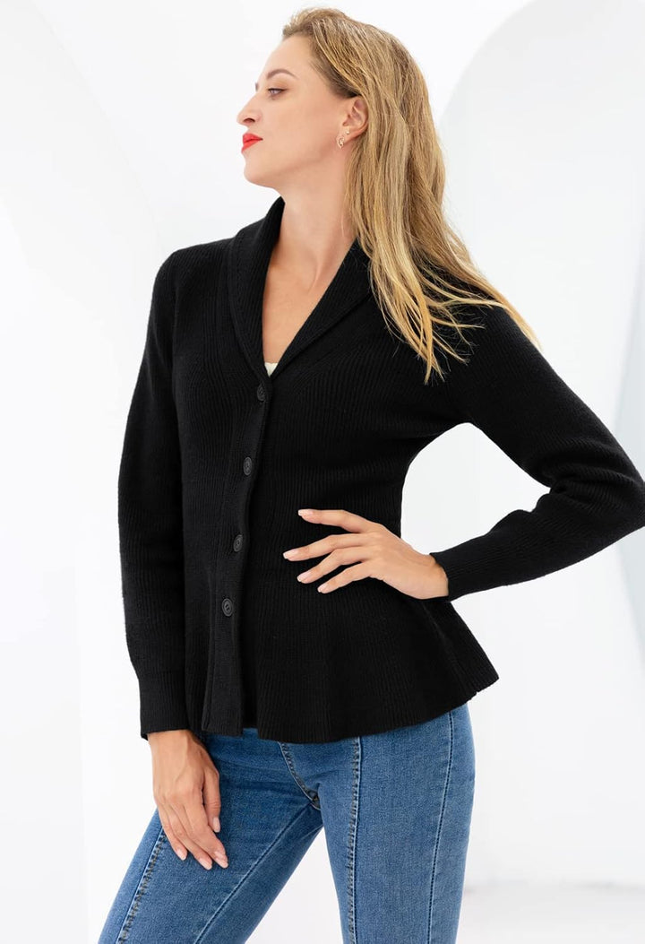 Belle Poque Damen Strickjacke Langarm Reverskragen Cardigan mit Rüschensaum Casual Strickmantel M Sc