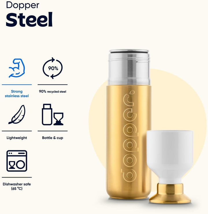 Dopper Steel Trinkflasche 350ml, 490ml, 800ml, 1.1L - Edelstahl Flasche - BPA freie Wasserflasche, 1
