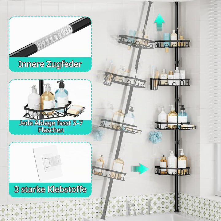 HapiRm Teleskopstange Duscheckregal Teleskop - Teleskopregal, 70-276cm | 4 Tier rostfrei Teleskop Ba