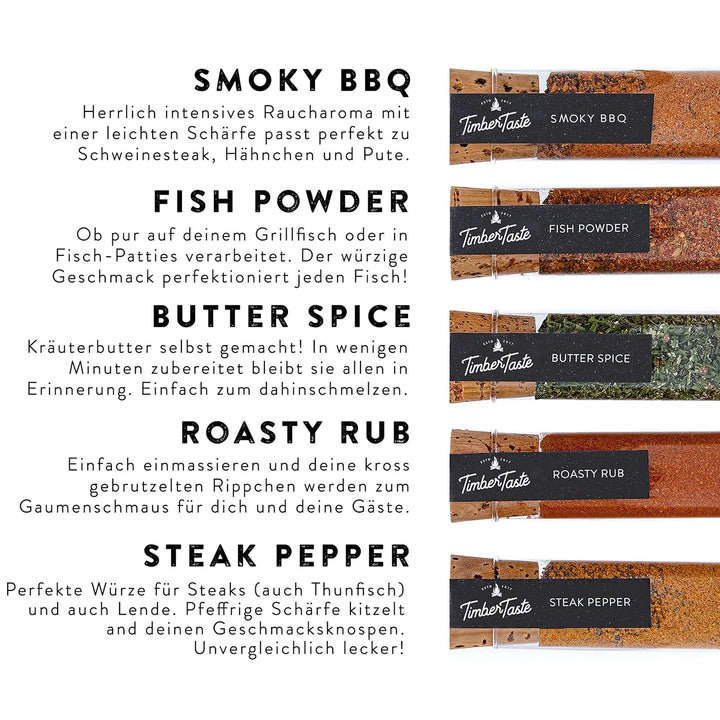 TIMBER TASTE® Grill Gewürze Geschenkset Frauen & Männer | 5 erlesene BBQ Grillgewürze inkl. Rezepte