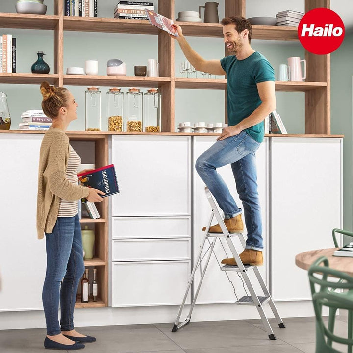 Hailo K70 StandardLine Alu-Klapptritt-Leiter - 3 grosse Stahl-Stufen mit Anti-Rutsch-Matten belastba